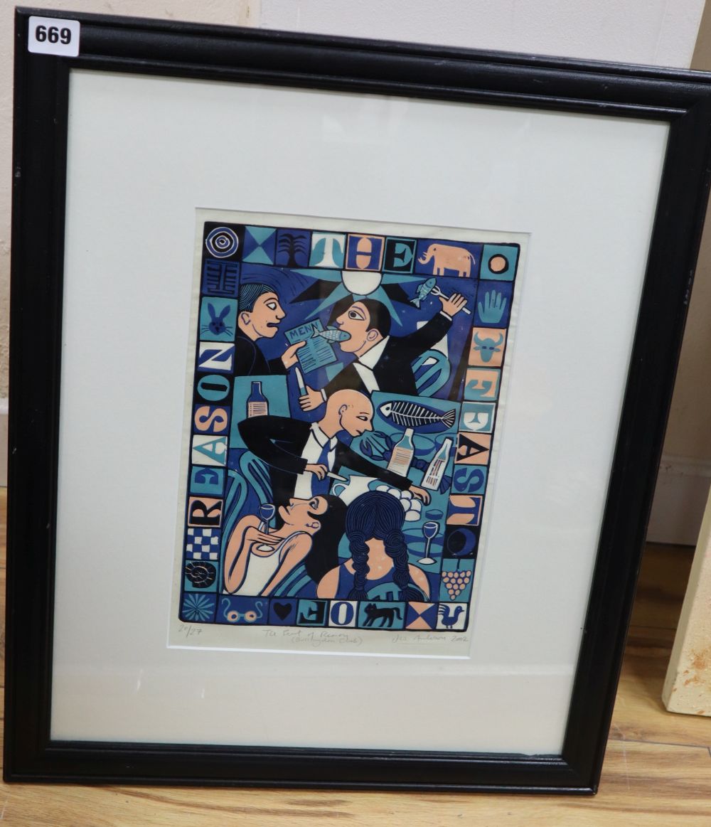 Jim W. Anderson, linocut, The Feast of Reason (Bullingdon Club), signed dated 2002, 20/27, 33 x 23cm